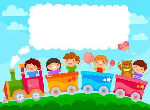 Kids in a colorful train with space for text