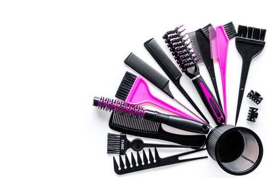 Combs And Hairdresser Tools In Beauty Salon On White Background Top View Copyspace