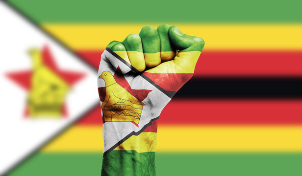 Zimbabwe flag painted on a clenched fist. Strength, Power, Protest concept