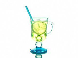 An ice cold lemonade against a white background