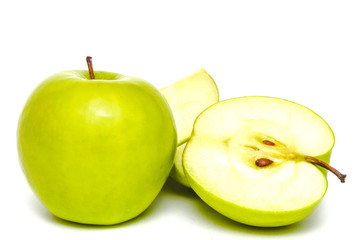 Green apples and half of apple Isolated on a white background