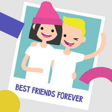 Best friends photo frame. Two young friends hugging each other. Flat editable vector illustration, clip art