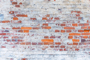 old brick wall of the house with the remains of white paint. grunge textured background