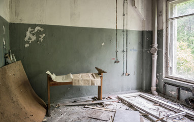 debris in technical room in Pripyat