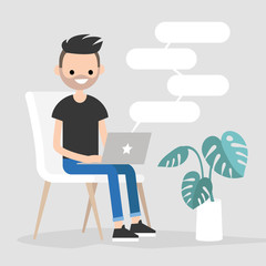 Young bearded character typing messages on a laptop. Remote communication. Modern lifestyle. Copy space. Flat editable vector illustration.