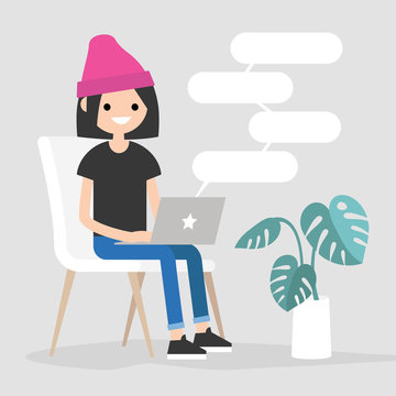 Young female character typing messages on a laptop. Remote communication. Modern lifestyle. Copy space. Flat editable vector illustration.