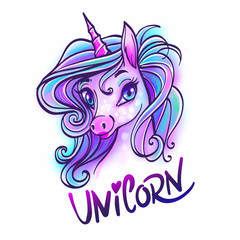 Obraz na płótnie Canvas Unicorn head portrait vector illustration. Magic fantasy horse design for children t-shirt and bags. Unicorn with rainbow hair