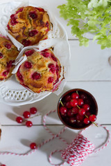 Red currant muffins on white plateau. White wooden table, gray background. Baking paper.