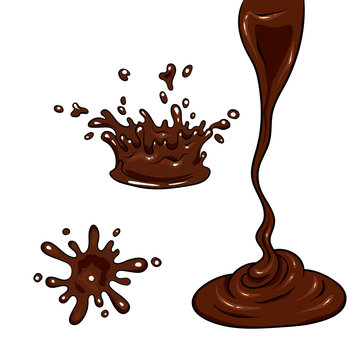 A set of chocolate. Vector chocolate streams, blots and splashes. Realistic sweets. Illustration for a postcard or a poster.