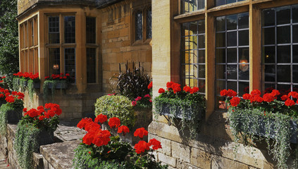 Fototapeta na wymiar Red Geraniums Hotel Broadway Village Cotswolds Worcestershire, England, UK