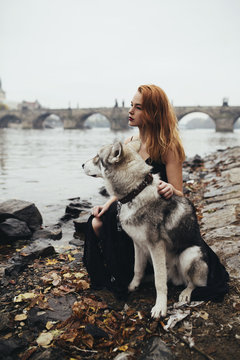 Young woman and a wolf