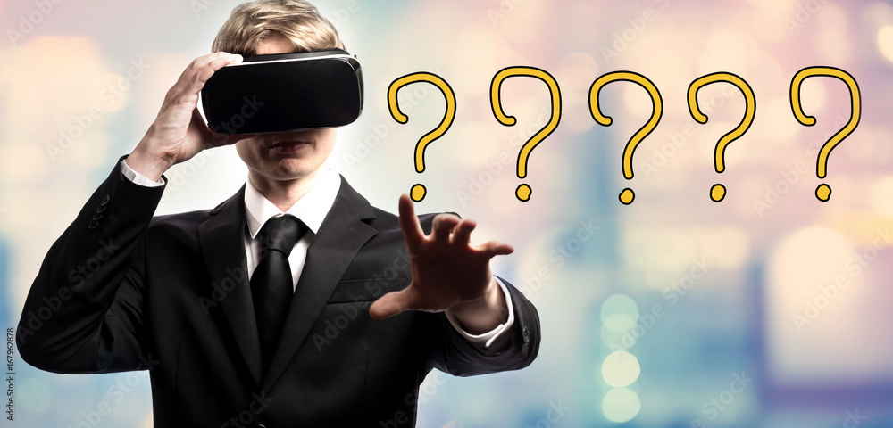 Poster question mark text with businessman using a virtual reality headset