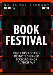 Poster Book Festival. Book shelf or bookcase. Vector illustration.