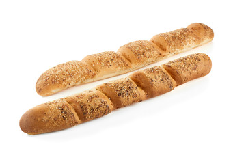 Two freshly baked baguettes isolated on white.