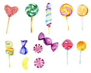 Watercolor candy collection, food collection, sweets, lollipop, hand painted clip art, Birthday card, bridal shower, baby shower, isolated images