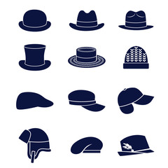 Different types of men hats as glyph icons