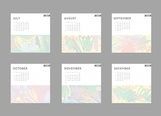 Fototapeta na wymiar 2018 calendar. July, August, September, October, November, December. Hand drawn brushstrokes in light pastel trendy colors. 