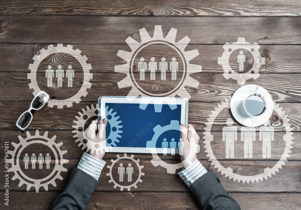 Poster concept of teamworking and connection with gears mechanism and tablet pc