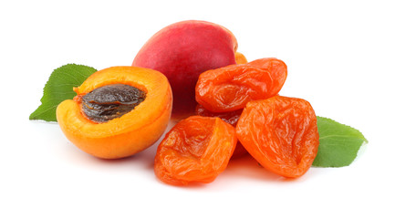 apricot fruits with green leaf and dried apricot isolated on white background Clipping Path