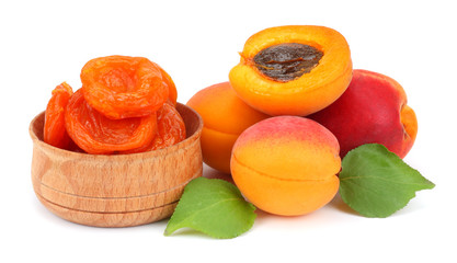 apricot fruits with green leaf and dried apricot isolated on white background Clipping Path