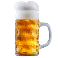 Mug of frosty light beer with foam isolated on a white background