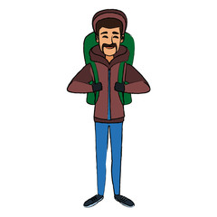 man winter clothes with backpack on white background vector illustration