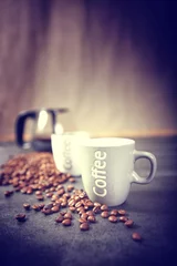 Poster Im Rahmen Kaffeemaschine mit Tasse und Kaffeebohnen © guy