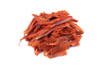 Amber Fish  with hot pepper on a white background (isolated). Snack to beer. Close up