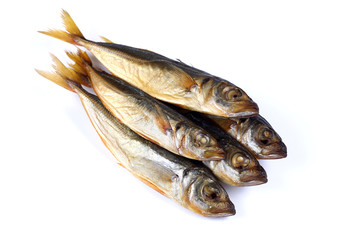 smoked  fish on a white background  (isolated). Close up