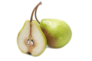 Whole and sliced ripe juicy pears together