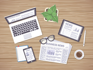 Obraz premium Wooden table with daily news on newspaper, tablet, laptop and phone. Headlines, photos, articles on the screens. Many ways to get latest news. Vector illustration, top view.