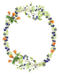 Handpainted watercolor wreath of wood berries