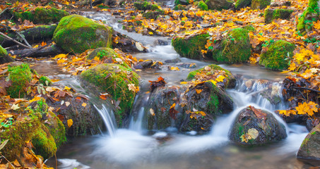 beautiful cascade waterfall in autumn forest