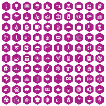 100 coffee cup icons hexagon violet