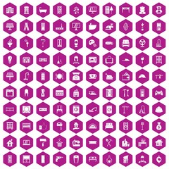 Fototapeta na wymiar 100 comfortable house icons hexagon violet