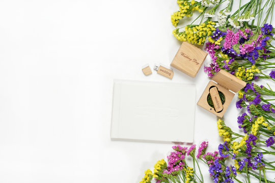 Beautiful white wedding photobook and Usb flash drive in Handmade wooden box. wedding concept