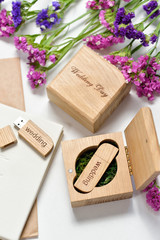 Beautiful white wedding photobook and Usb flash drive in Handmade wooden box. wedding concept