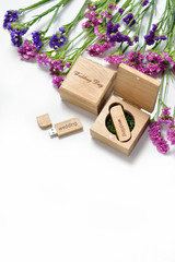 Beautiful white wedding photobook and Usb flash drive in Handmade wooden box. wedding concept