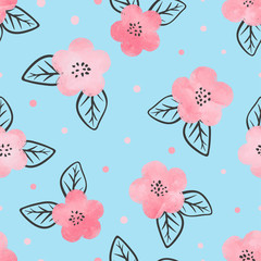 Seamless floral pattern with watercolor pink flowers and black leaves on blue.