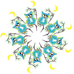 The circular pattern owl on a tree in the moonlight. Vector illustration of the hand.