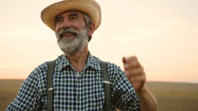 Portrait of old fermer with beard wearing the hat while standing in the golden field and smiling on the sky background.