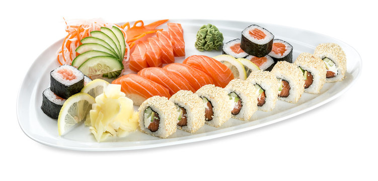 Set double saki sushi plate isolated on white