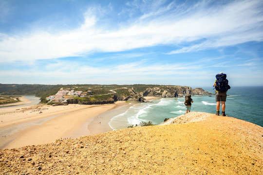 Rota Costa Vicentina hiking trail at the cliffs near beach Praia de Odeceixe, Algarve Portugal