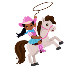 Cowgirl riding a horse with lasso. Vector illustration isolated on white background.