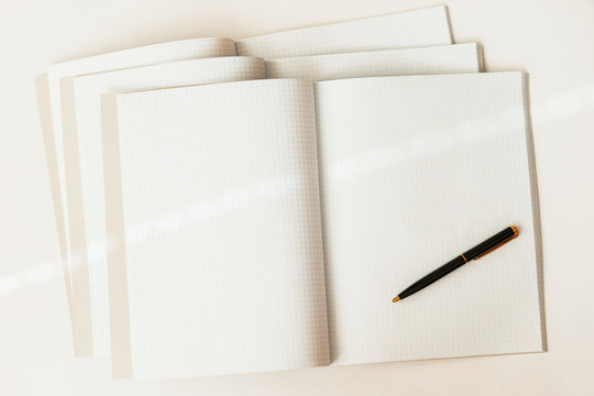 Close-up Of Pen On A Background Of Large Open Blank And Empty Notebooks In A Cage, Top View, Texture. Place For Text, Concept Of Starting School And Any New Cases