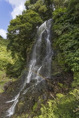 Fototapeta na wymiar Beautiful waterfall in Ribeira dos Caldeiroes park, Sao Miguel, Azores Portugal