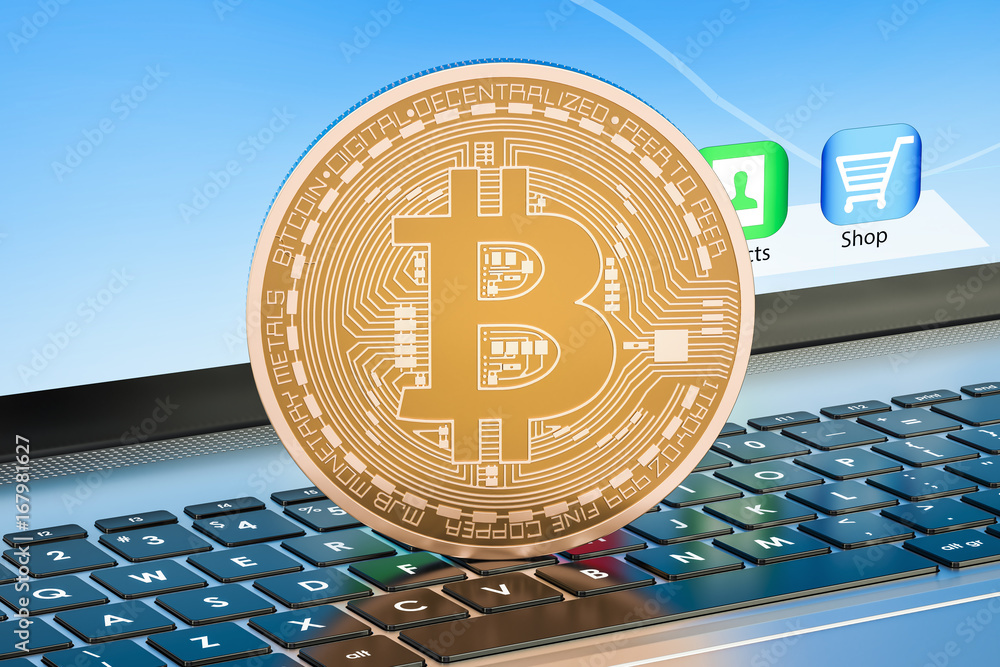 Poster bitcoin mining concept on laptop keyboard, 3d rendering