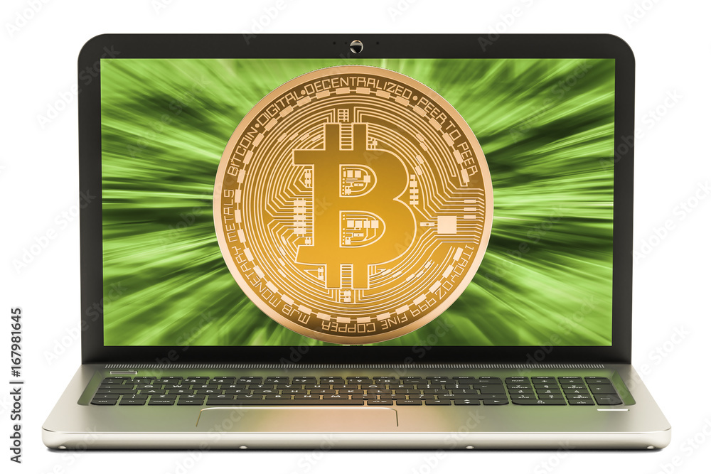 Poster bitcoin mining concept with laptop, 3d rendering