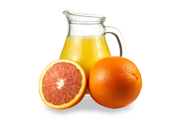 Delicious orange juice in jug with fruits isolated on white background
