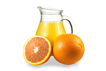Delicious orange juice in jug with fruits isolated on white background